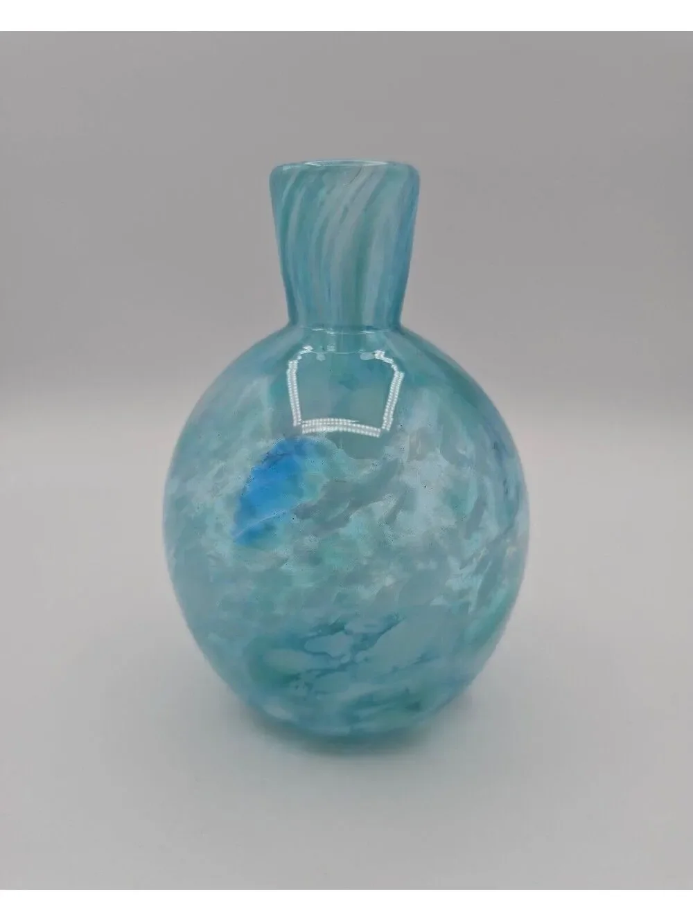 Taryn Jayne Signed Hand Blown Art Glass Vase Aqua Blue White Studio Glass